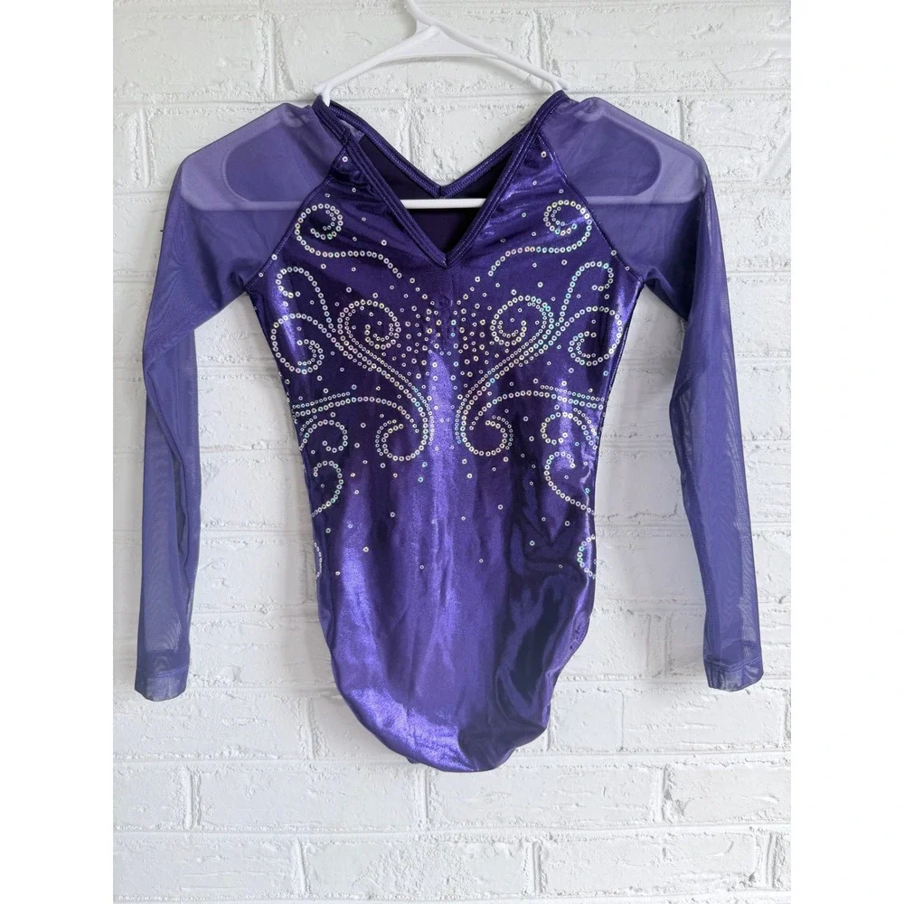 Zone Gymnastics Leotard Purple Metallic Mesh‎ Long Sleeve Kids AXS